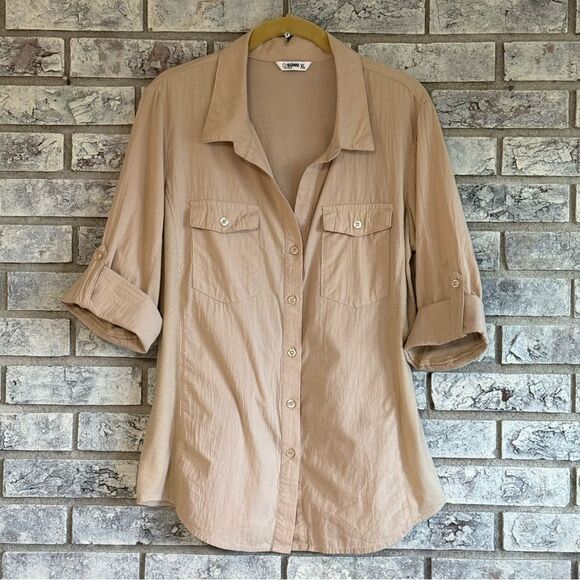 Ci Sono Wovens Button-Up Shirt XL Lightweight Cotton Roll-Tab Sleeve Neutral - Picture 1 of 6